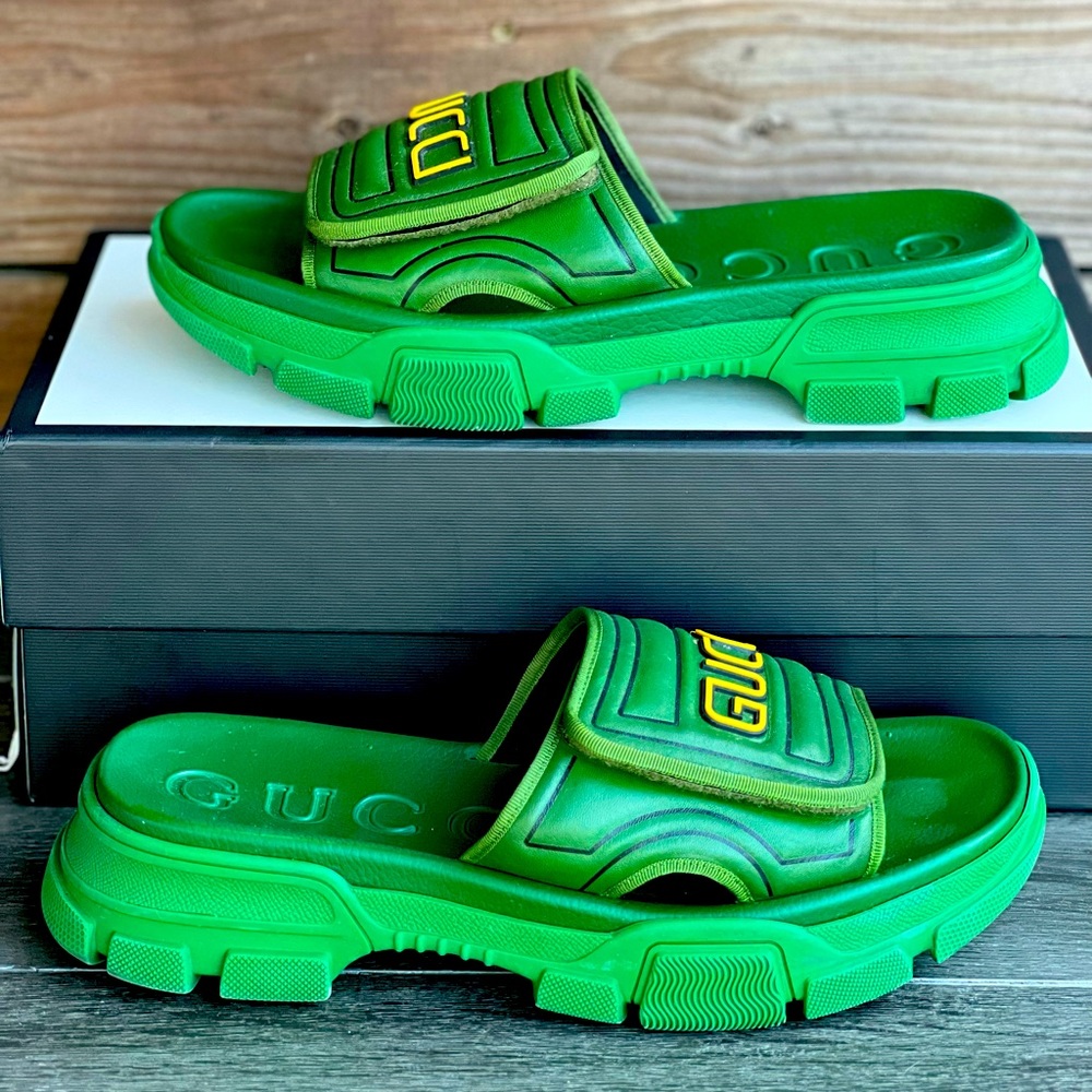 Gucci Men's Green Leather Platform Slip On Sandal Slides US 10 / UK 9